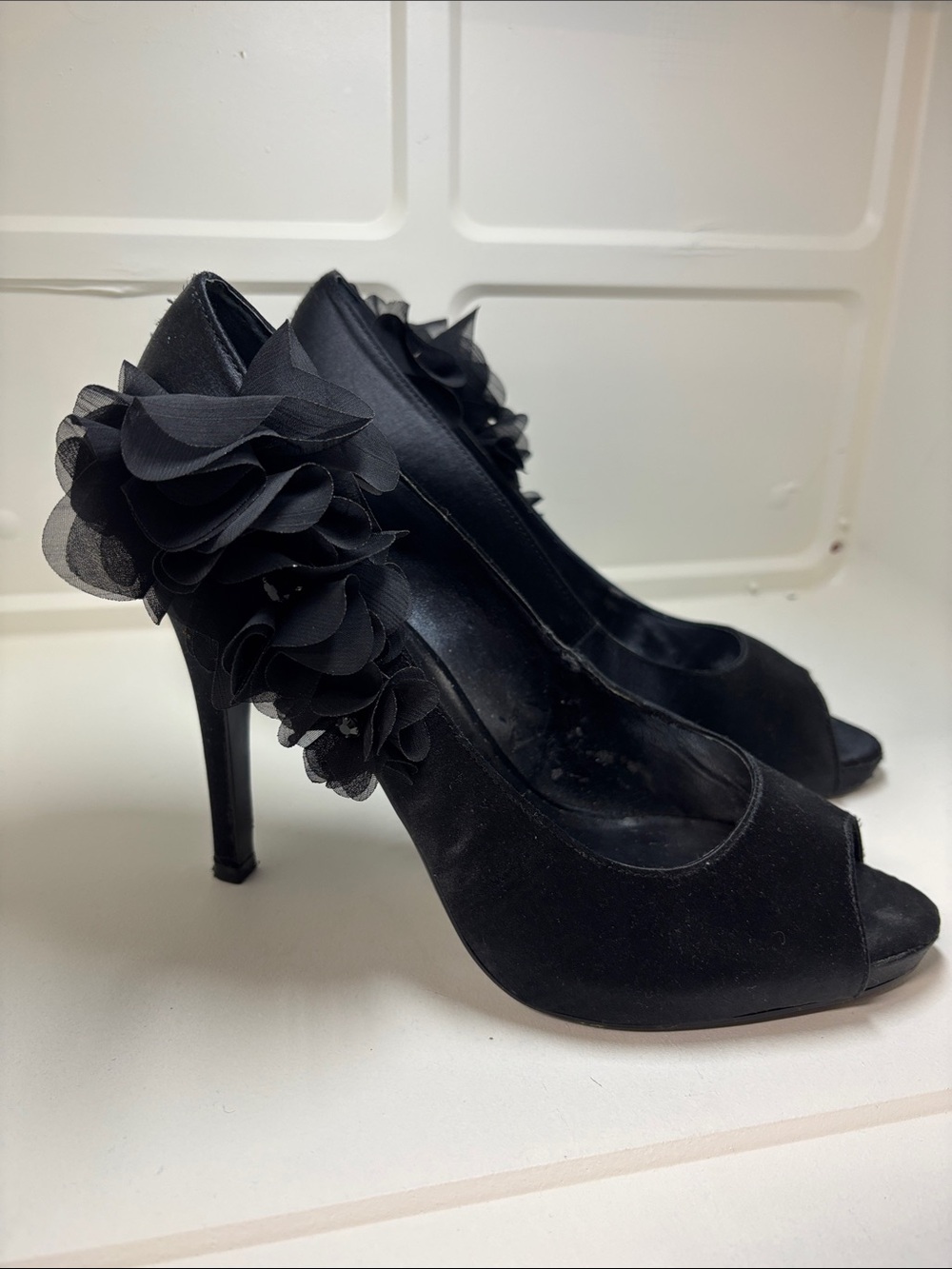 Nine West Black Floral Peep-Toe Pumps with Fabric Rosette - Picture 2 of 10